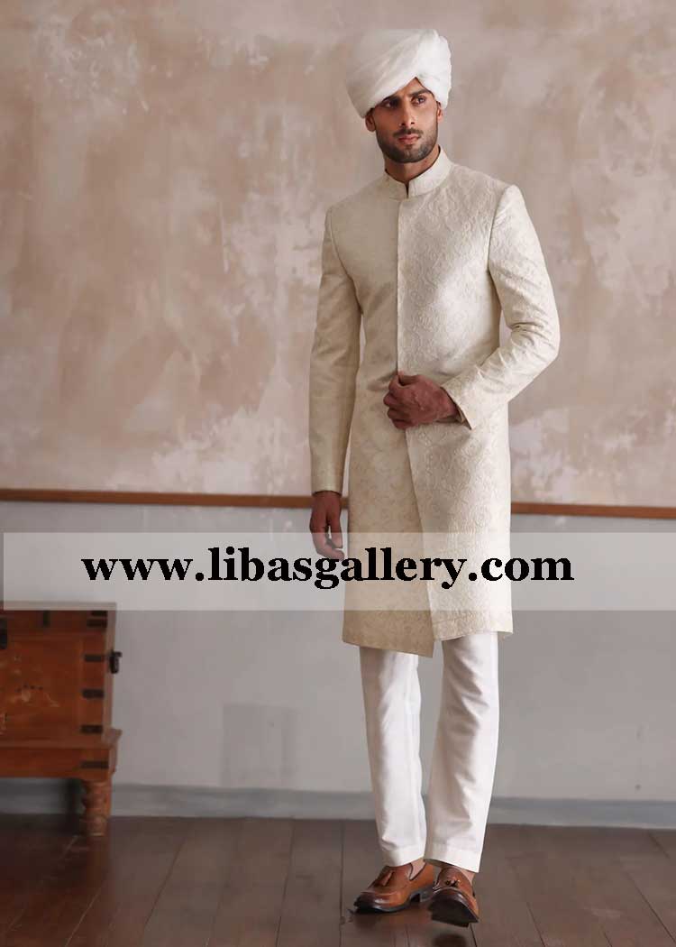Classic Self Embroidered off white sherwani for nikah groom