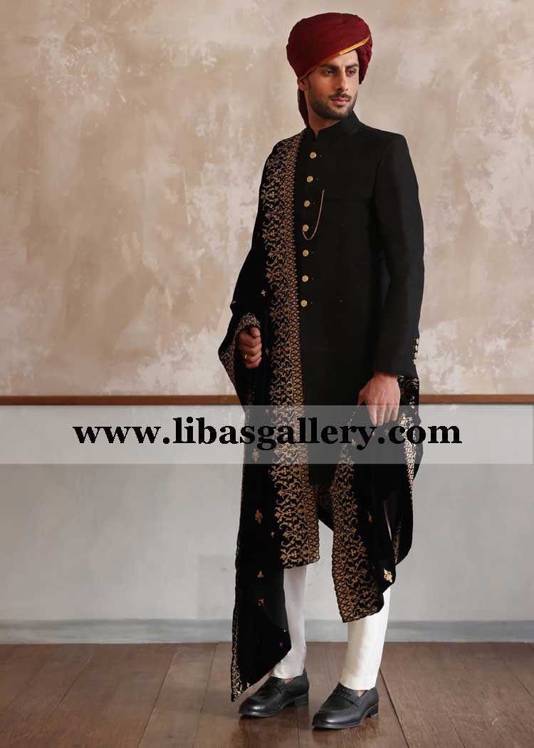 Black raw silk short length designer wedding sherwani