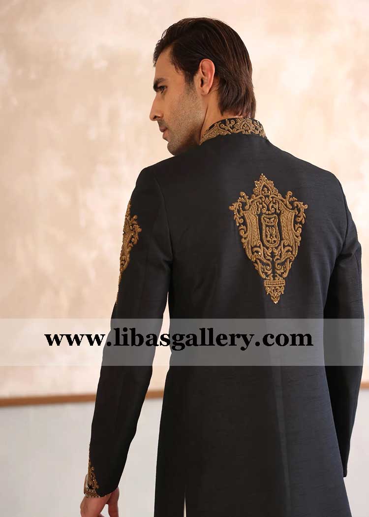 Groom black nikah barat sherwani suit with antique gold work