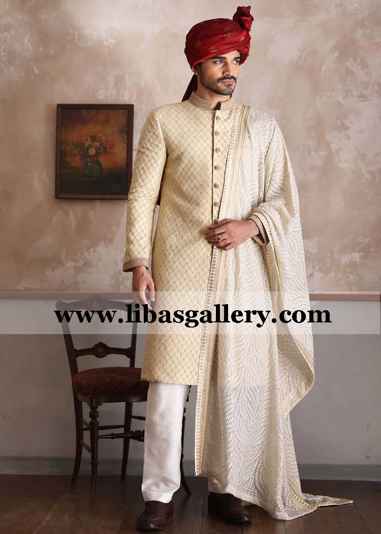 Cream Rope Embroidered groom sherwani for confident groom