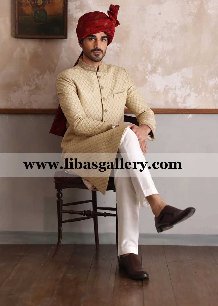 Cream Rope Embroidered groom sherwani for confident groom