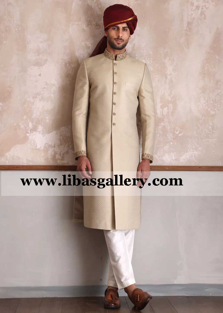 Geometrical design fabric beige groom wedding sherwani suit