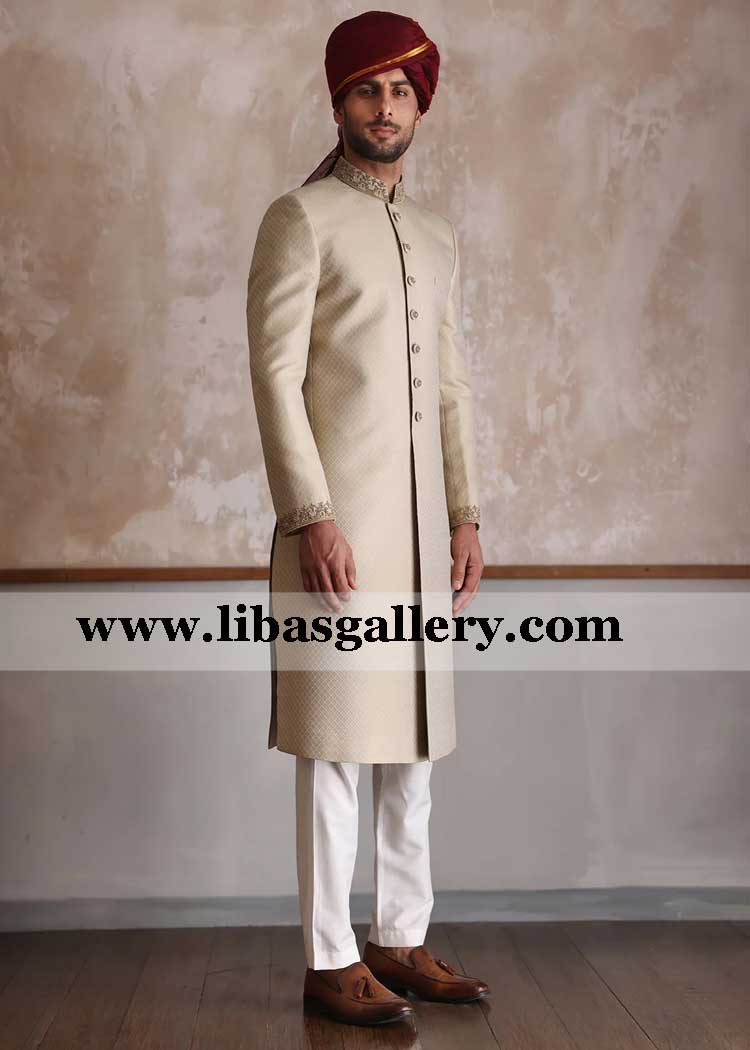 Geometrical design fabric beige groom wedding sherwani suit