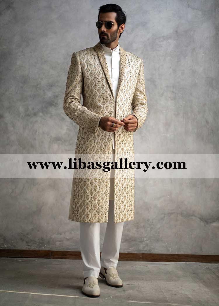 limited edition off white raw silk wedding sherwani with dinner jacket lapels custom made best for nikah barat groom uk usa canada