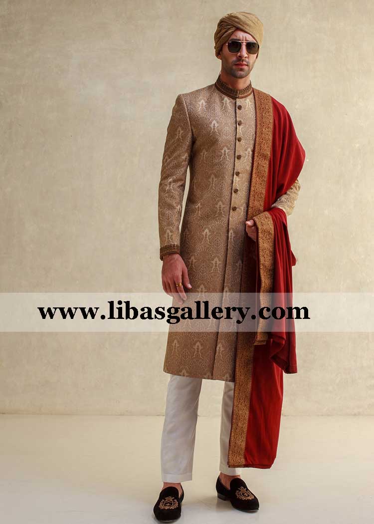 Beige antique embellishment groom nikah barat sherwani dress