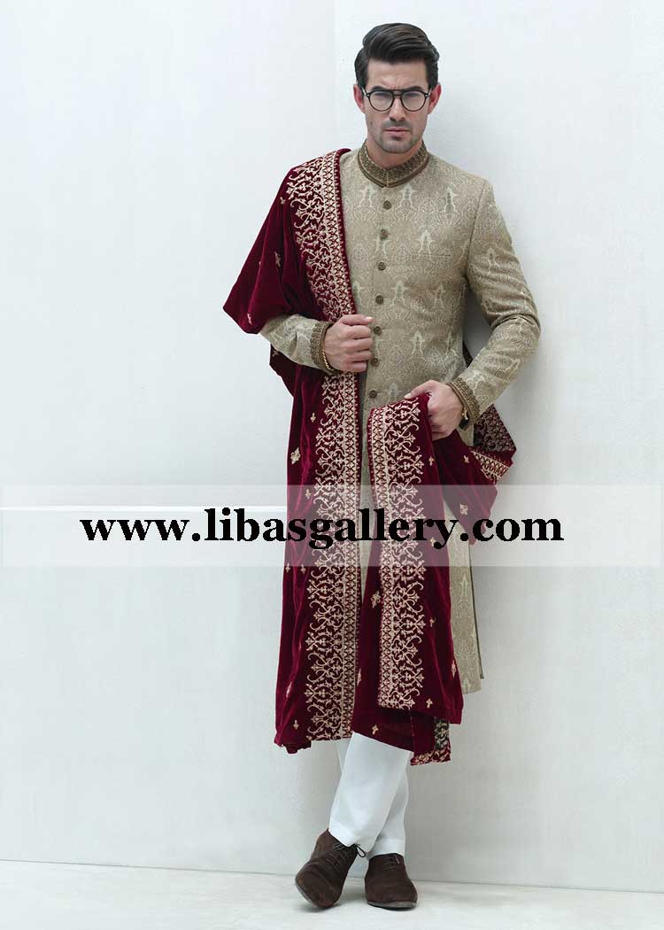 Groom Nawab of state type nikah barat beige sherwani