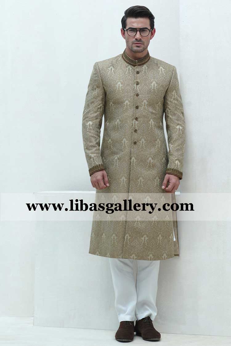 Groom Nawab of state type nikah barat beige sherwani