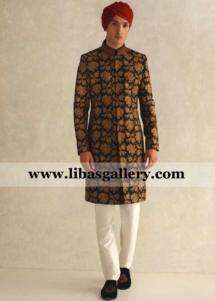 Black gold heavy embroidered sherwani for dynamic skillful groom willing early nikah shadi with abroad shifting with bride uk usa canada