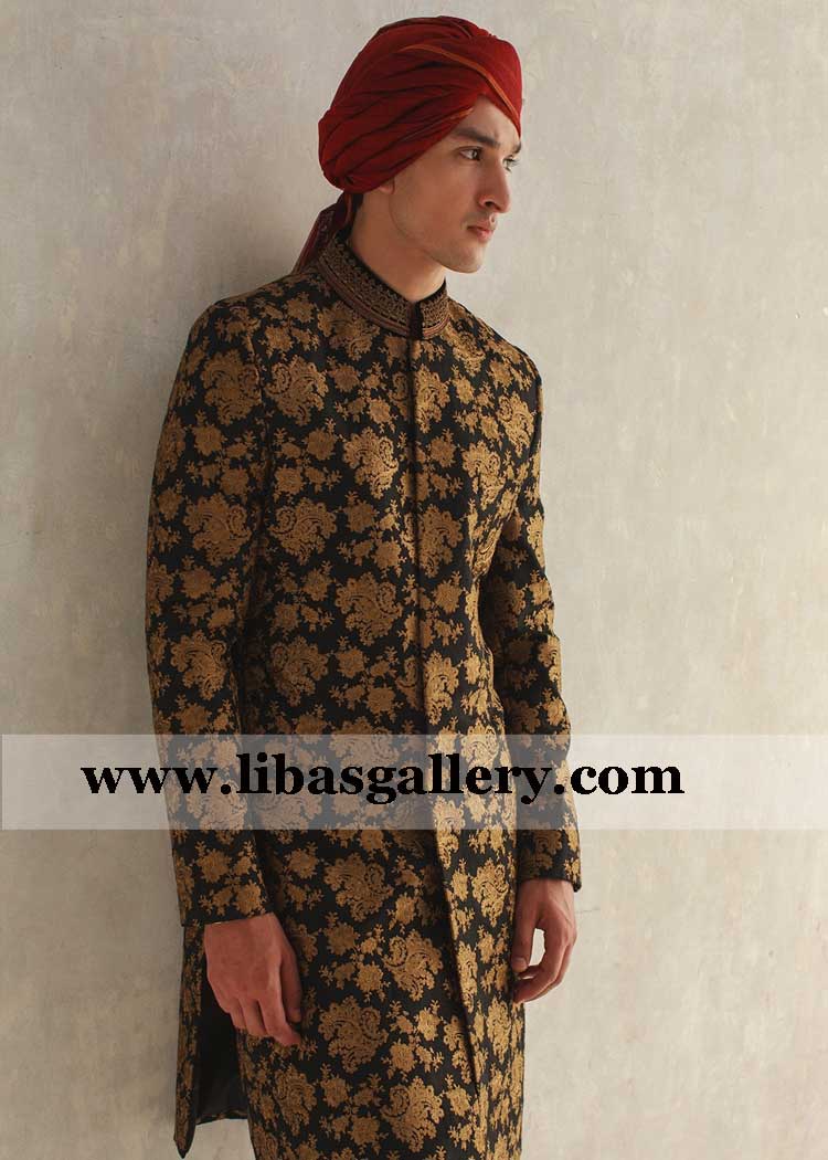Black gold heavy embroidered sherwani for skillful groom