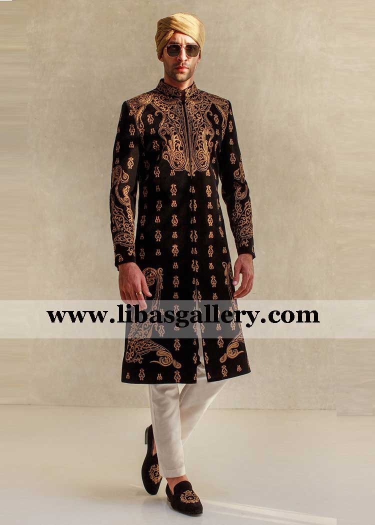 black embroidered sherwani anchor thread jaal and small tiny motifs for groom nikah barat excitement  dubai qatar saudi arabia