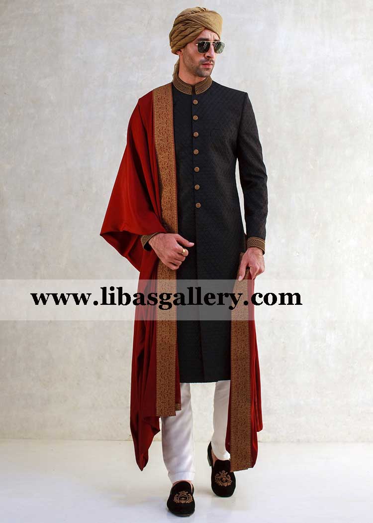 Black Embroidered geometric design fabric groom Sherwani