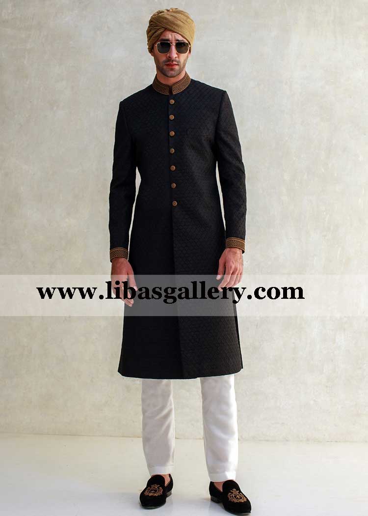 Black Embroidered geometric design fabric groom Sherwani