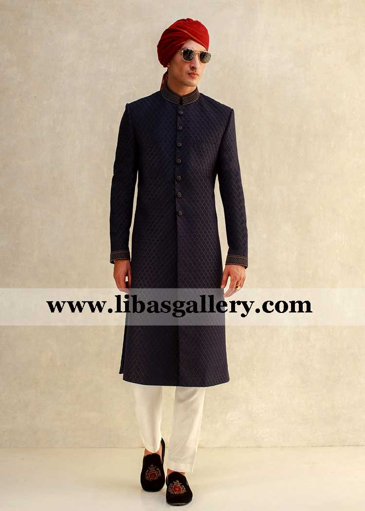 Navy Blue embroidered mesh on fabric geometrical design groom wedding sherwani style turban khussa matching fast delivery uk usa dubai canada