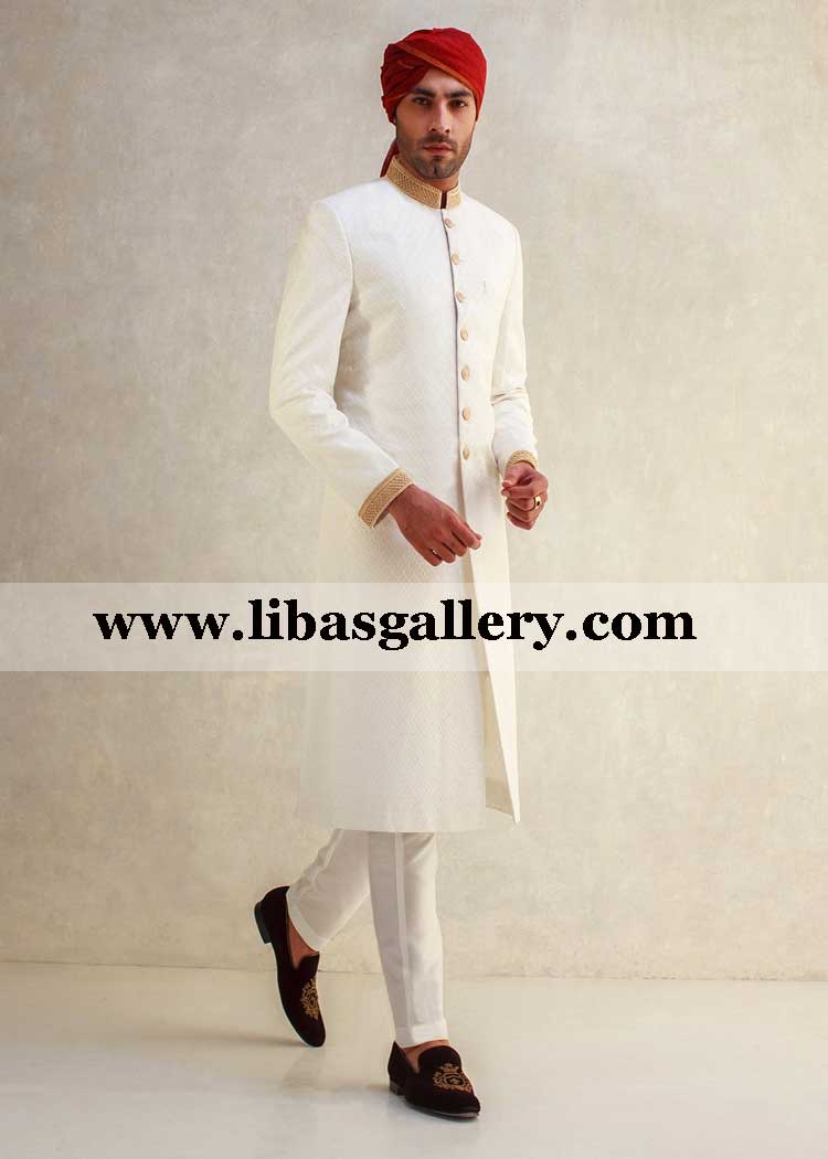 shop off white wedding sherwani suit embroidered mesh on fabric geometrical design red pretied turban germany japan kuwait