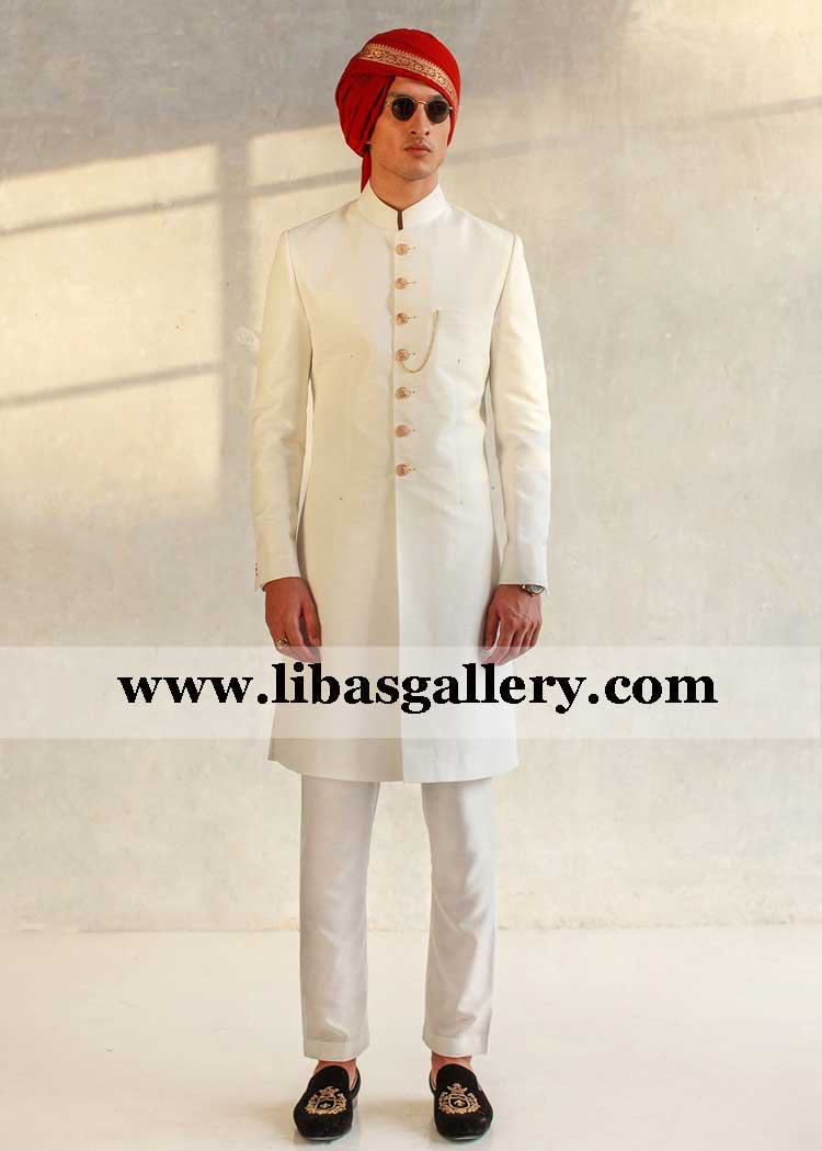 off white short length groom wedding sherwani high quality fabric