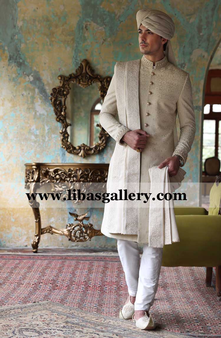 Golden pure karandi jamawar emnbroidered sherwani for groom nikah barat day custom made pakistani designer sherwani france germany saudi arabia