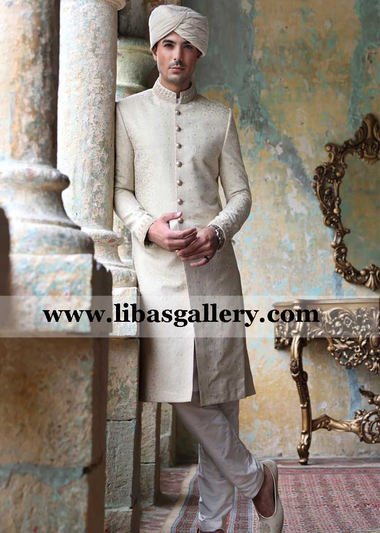 Golden karandi jamawar emnbroidered sherwani for groom barat day