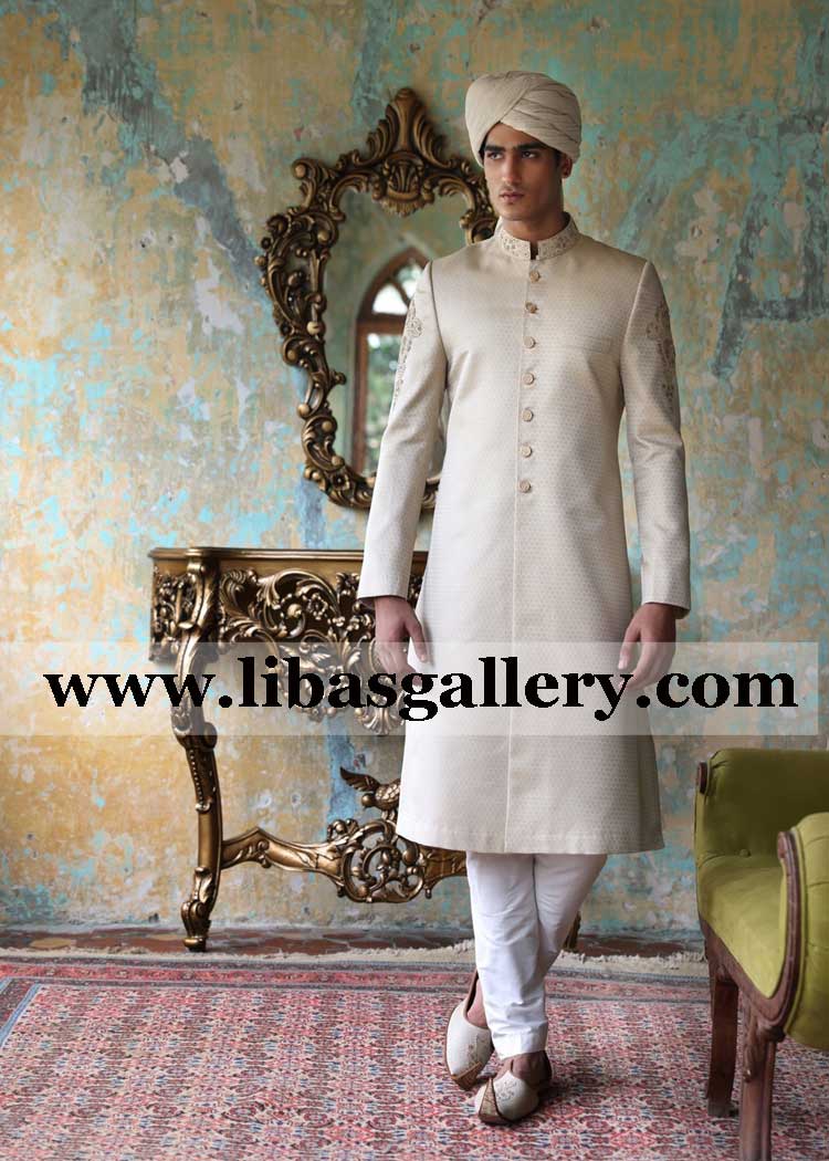 Beige jamawar embroidered empire style groom wedding sherwani article