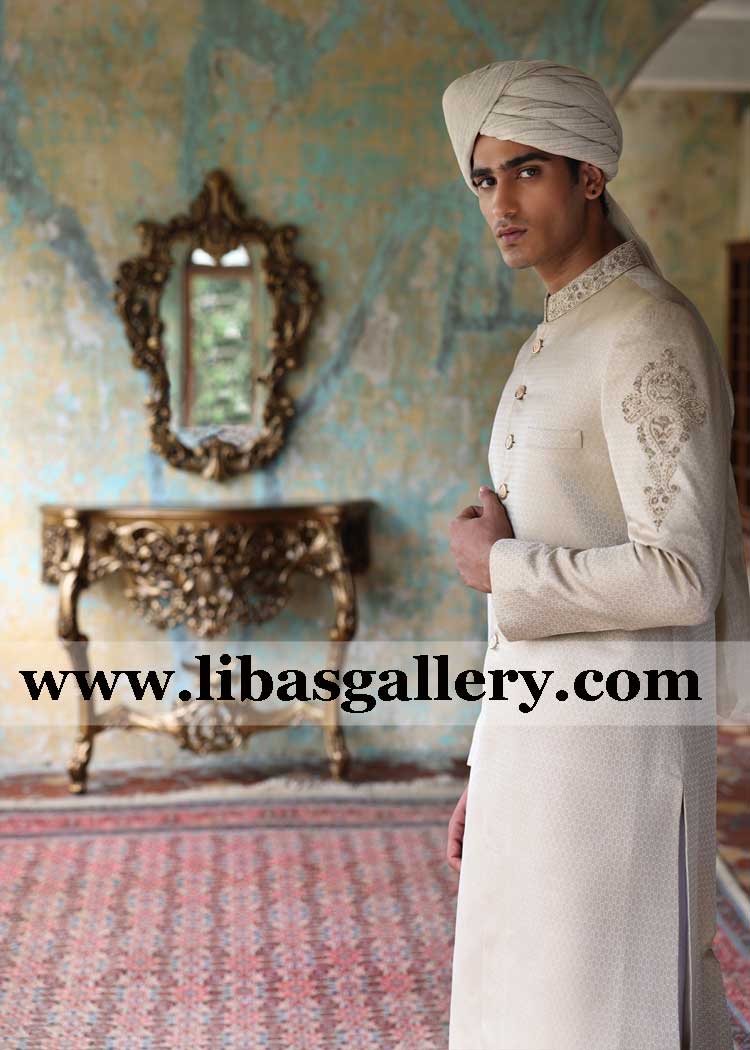 Beige jamawar embroidered empire style groom wedding sherwani article