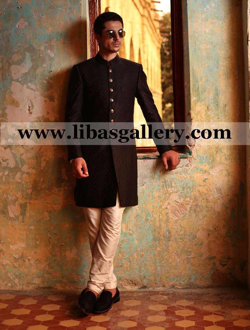 Black diamond heavy embroidered design groom sherwani dress