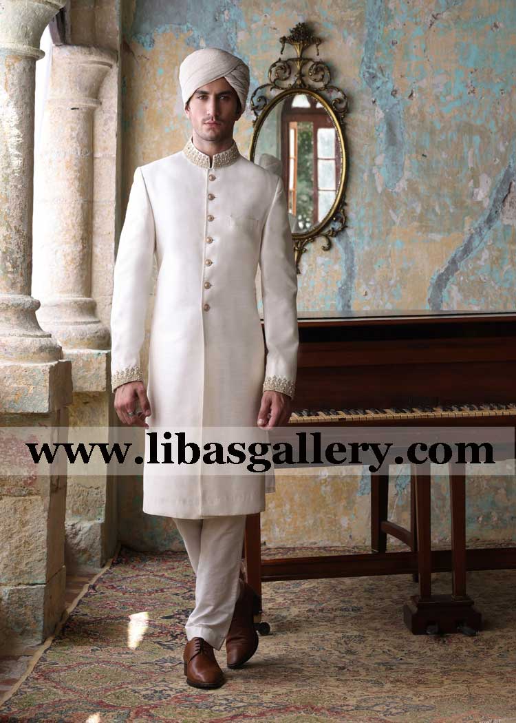 off white groom gold embellished wedding sherwani suit in pure raw silk high quality fabric achkan best for nikah barat day  germany france qatar