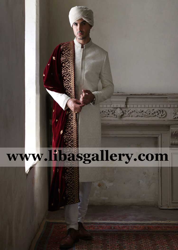 off white jamawar embroidered groom wedding sherwani