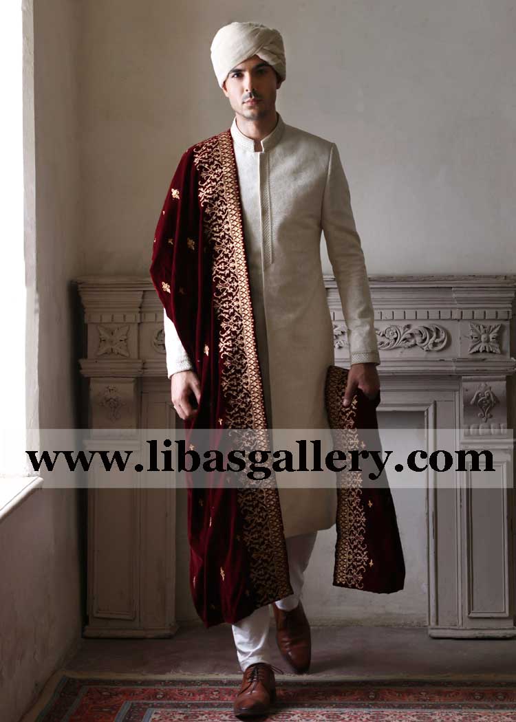 off white jamawar embroidered groom wedding sherwani