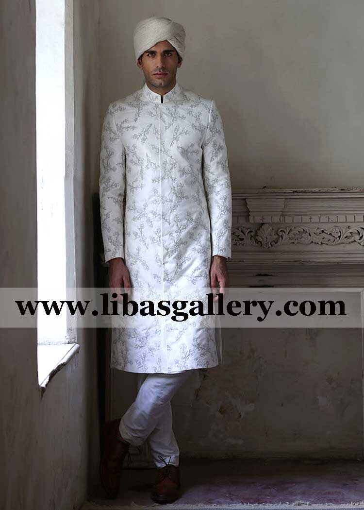 White embroidered sherwani suit for modern type dulha