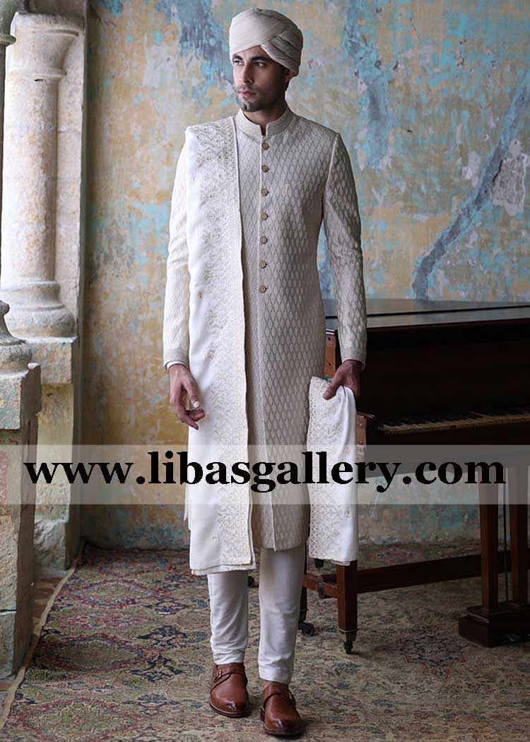 off white artistic Rope fancy embroidered nikah barat groom sherwani