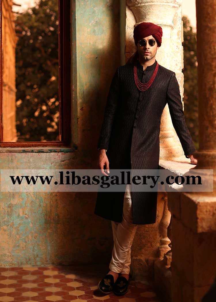 black heavy rope embroidery marriage sherwani suit with maroon pretied turban and mala place order for summer wedding qatar kuwait saudi arabia