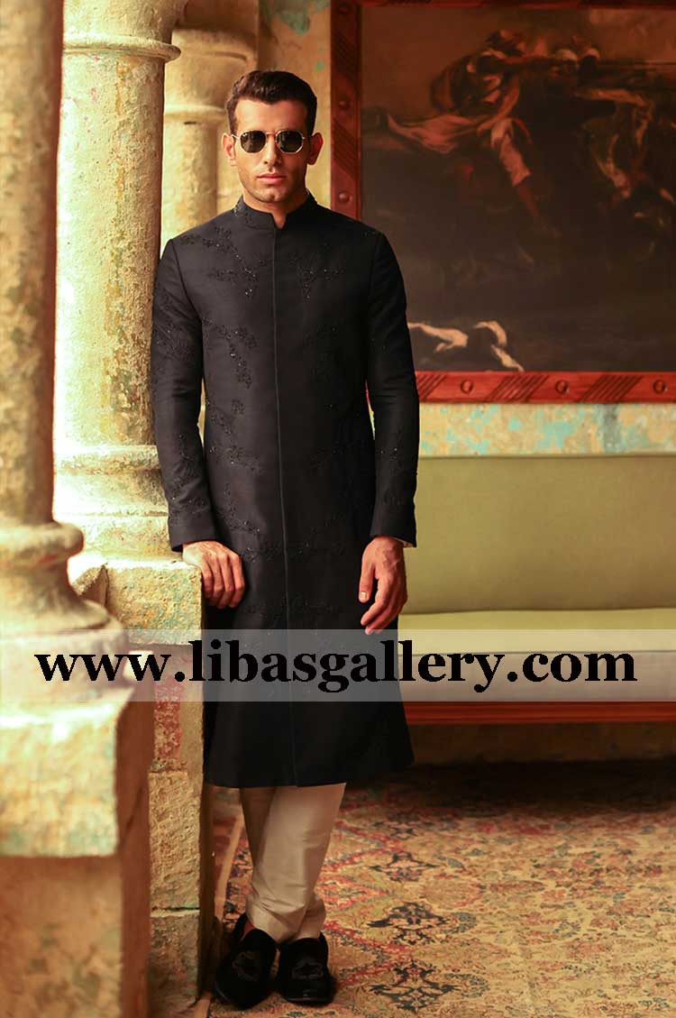 Black fancy hand embellished groom wedding sherwani suit