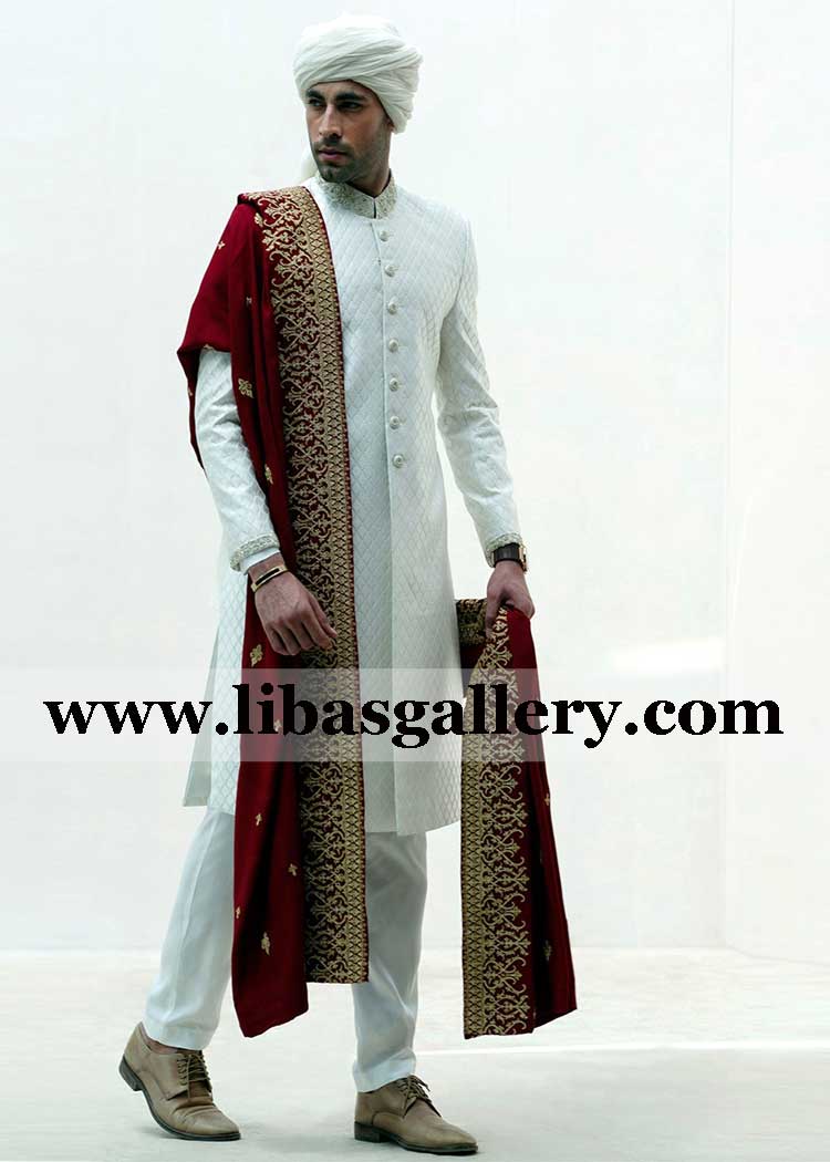 off white groom classic nikah barat wedding embroidered sherwani with red shawl for after eid summer wedding Guntersville Huntsville USA