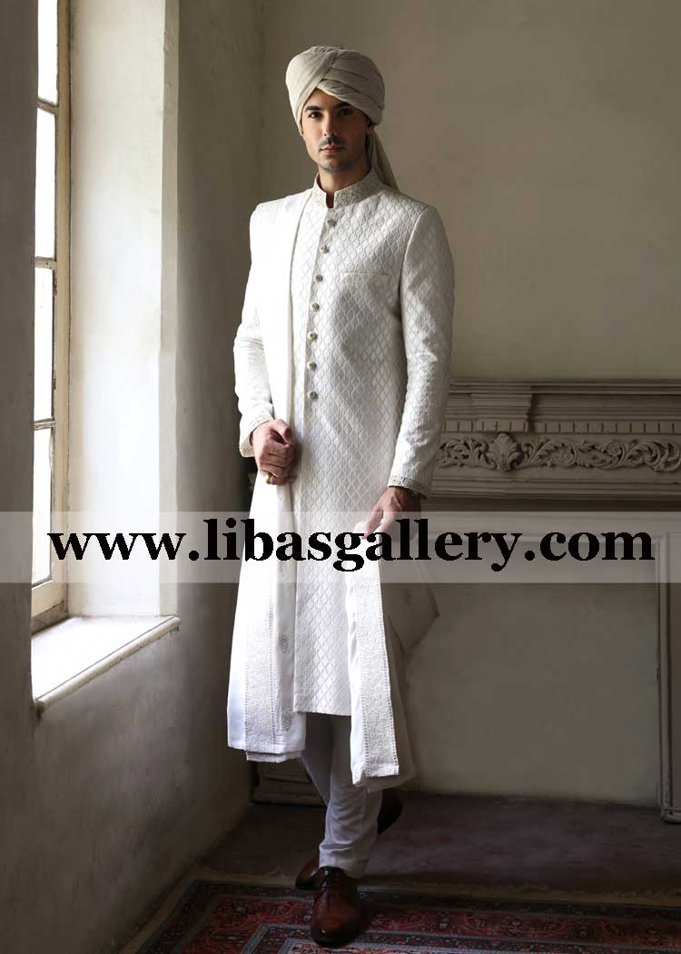 latest off white raw silk embroidered groom sherwani article for barat departure after salami and nikah event buy online for uk usa saudi arabia