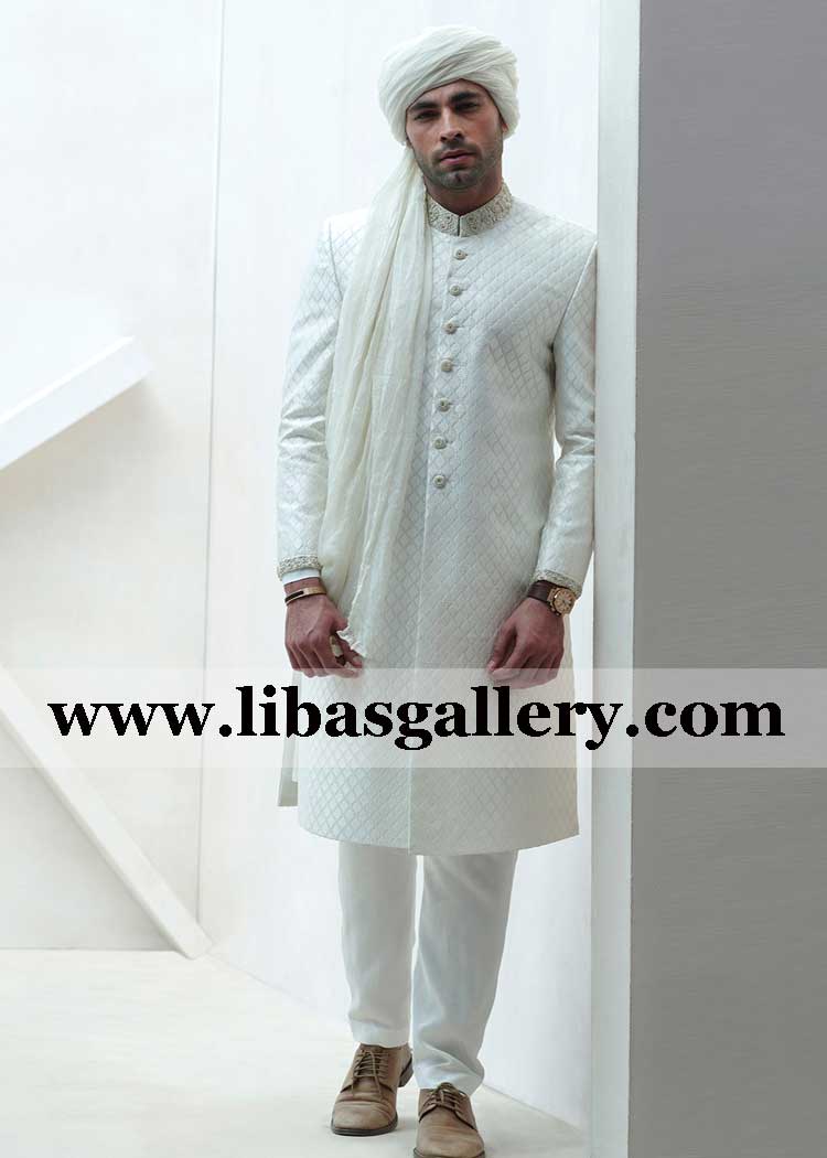 latest off white raw silk embroidered groom sherwani article