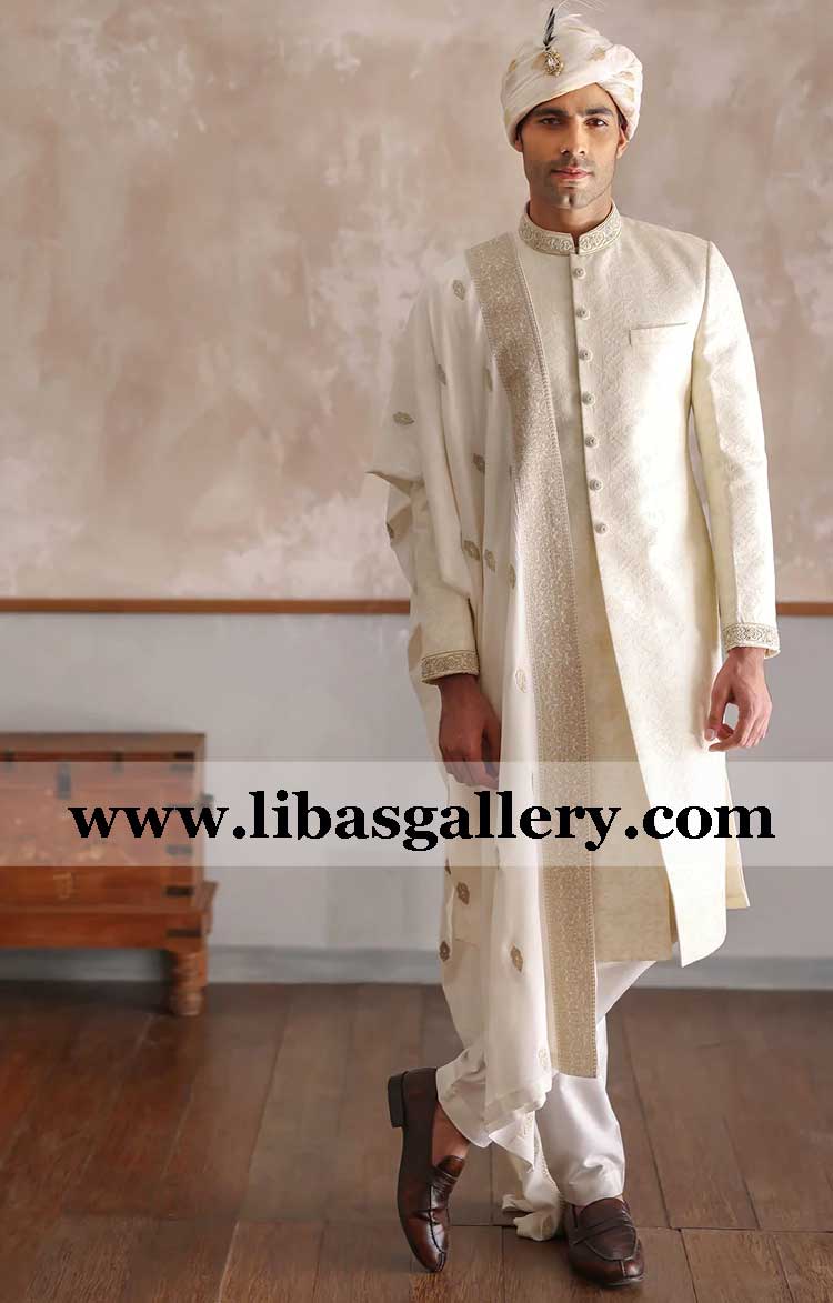 off white groom embroidered marriage sherwani suit thread embroidery on collar cuff nicely custom made achkan dubai new zealand australia