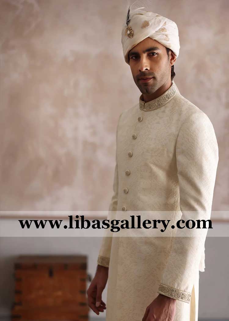 light shade nikah barat groom embroidery sherwani ensemble
