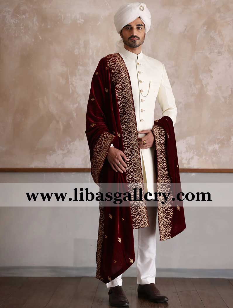 indo western style short length groom off white wedding sherwani in raw silk high quality add embroidered red shawl turban sugarland texas california usa