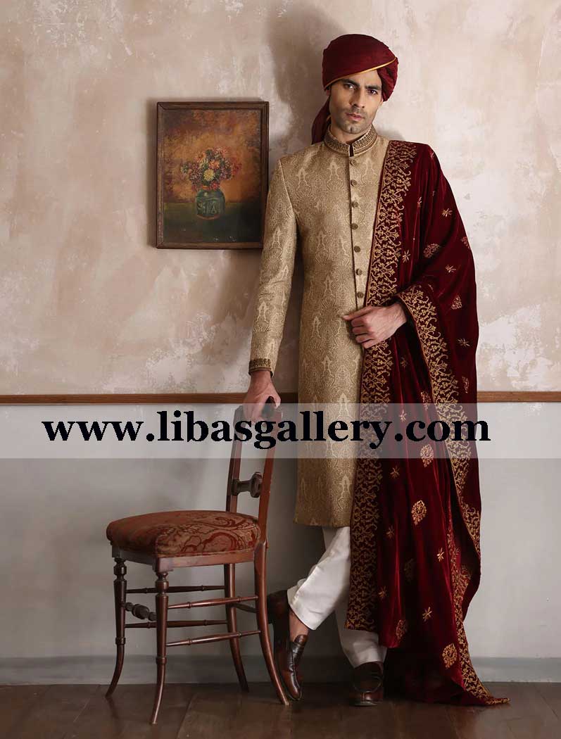 State Nawab type groom beige marriage sherwani suit