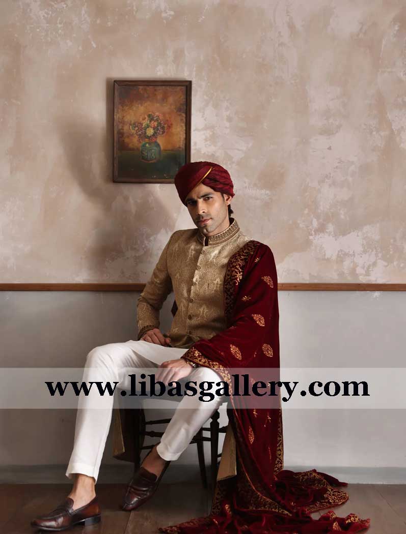 State Nawab type groom beige marriage sherwani suit