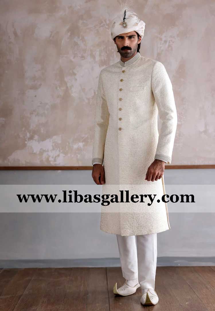 off white jamawar amazing groom sherwani fancy gold buttons