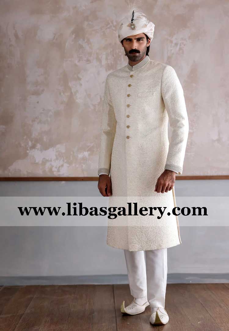 off white self jamawar banarsi amazing groom sherwani fancy gold buttons brooch with feather and pretied jamawar turban plus inner chicago california usa