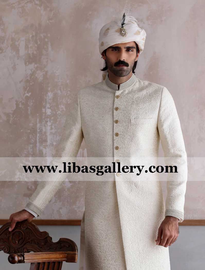 off white jamawar amazing groom sherwani fancy gold buttons