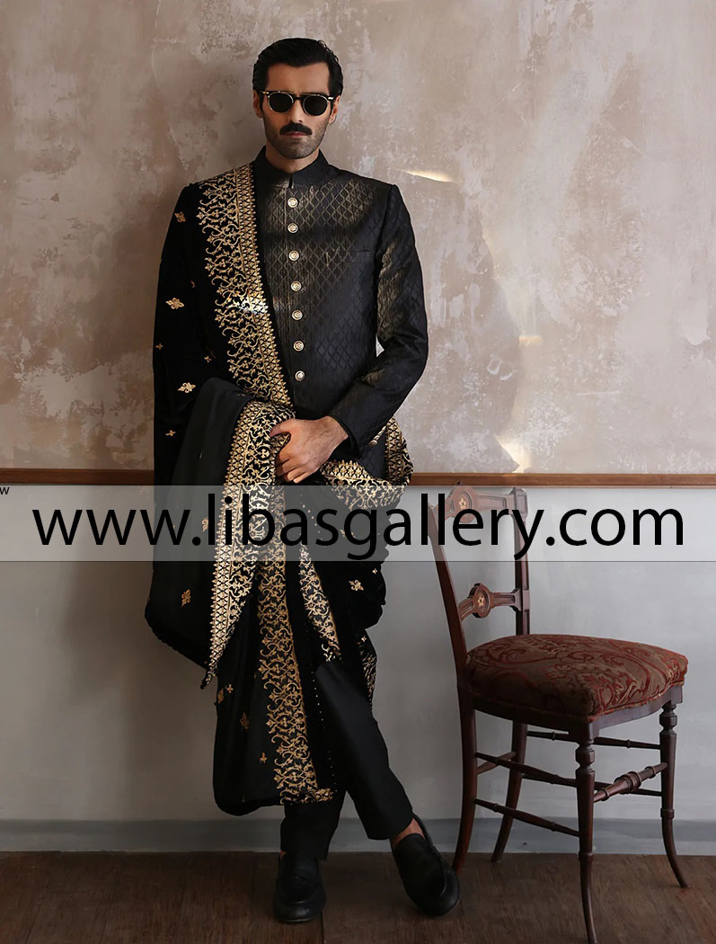Black Mens Embroidered wedding sherwani suit for nikah barat day