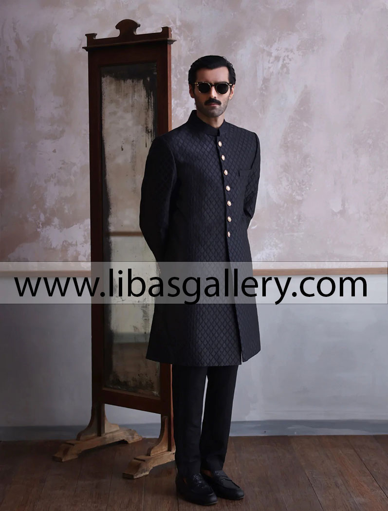 Black Mens Embroidered wedding sherwani suit for nikah barat day