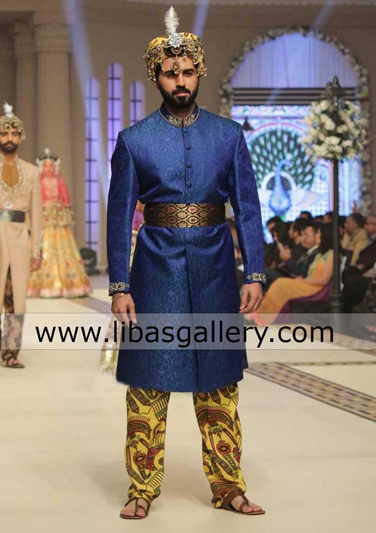 blue jamawar sherwani for groom waist belt style