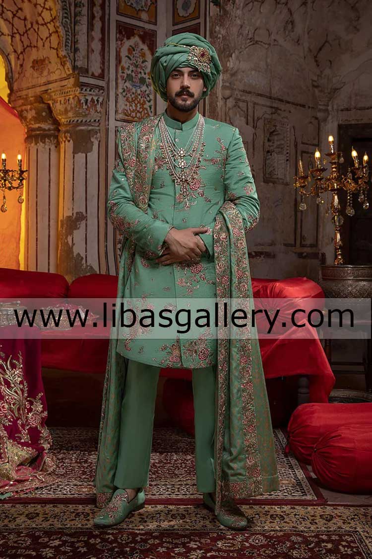 embroidered groom wedding sherwani in raw silk embroidery with tilla thread sequins pretied turban embroidered shawl california chicago usa