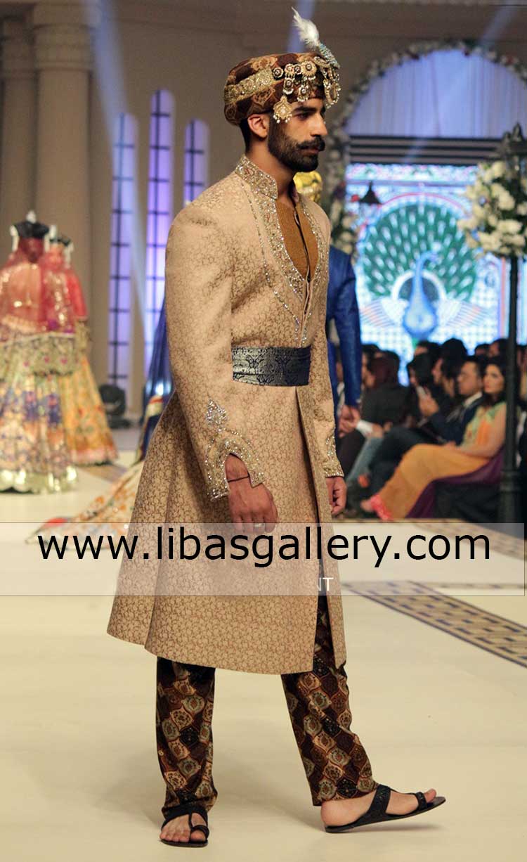 Designer wedding sherwani royal style for groom with waist belt