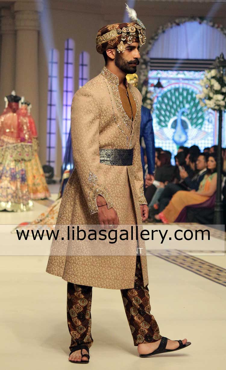 Designer wedding sherwani in gold jamawar royal style for groom nikah with waist belt and jewelry loaded prince turban bristol glasgow uk