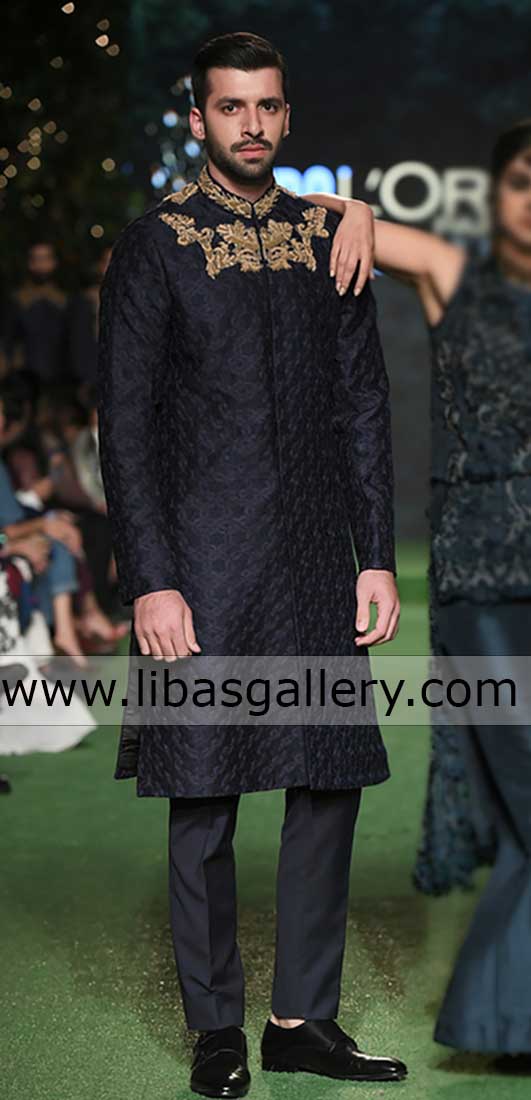limited edition black embroidered sherwani suit for groom hand work kora dabka stones crystal on chest and collar bristol berskshire uk