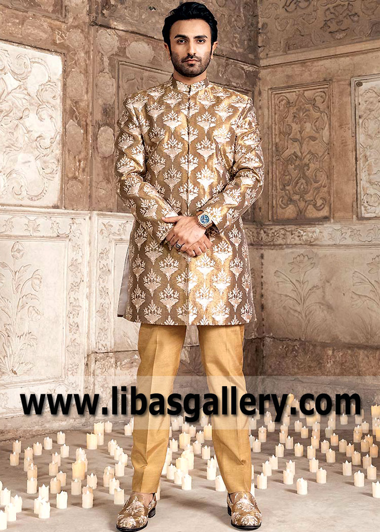 Antique gold jodhpur jacket resham embroidered booti fabric best for nikah barat day groom europe asia south africa dubai